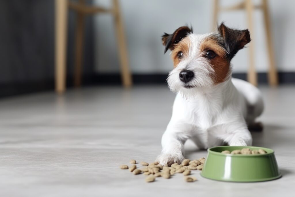 dog in a white sweater eats food from a green bowl on a gray flo